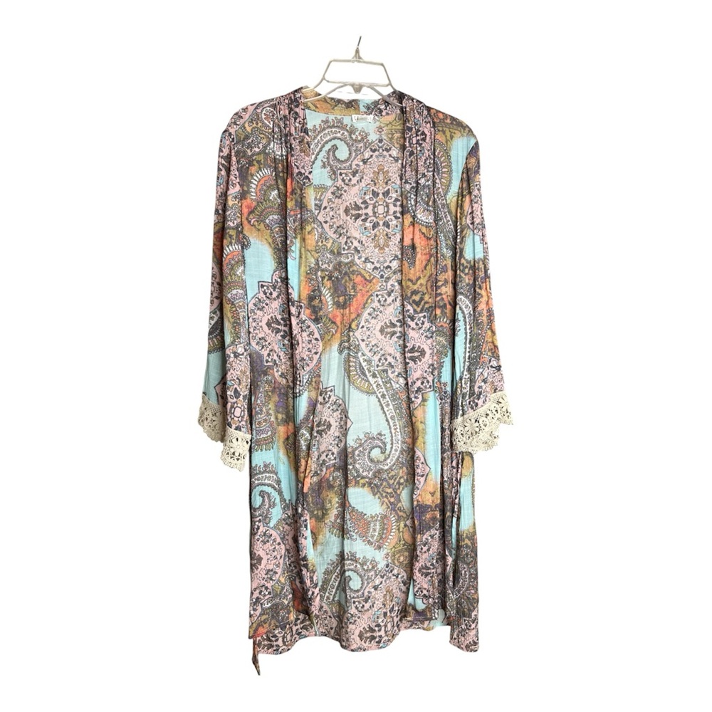 Spense Women’s Paisley Multicolor Boho Lace Trimmed Sleeves Accents Kimono SZ XL